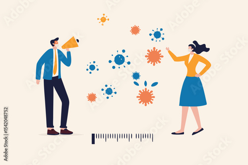 Social distancing, keep distance in public society people to protect from COVID-19 coronavirus outbreak spreading concept, businessman and woman keep distance away in the meeting with virus pathogens
