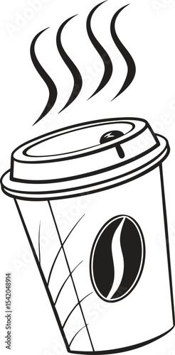 Minimalist black and white vector illustration of a takeaway coffee cup with lid