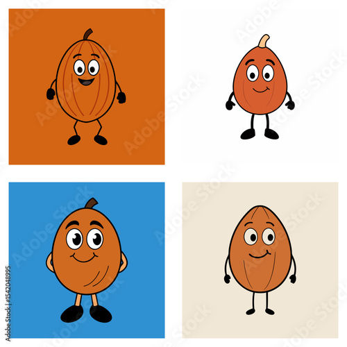 Four cartoon illustrations of anthropomorphic oval fruits with different backgrounds and poses showing smiles