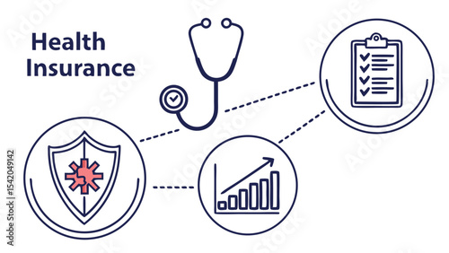 Illustration depicting health insurance with stethoscope, shield, checklist, and graph connected by lines