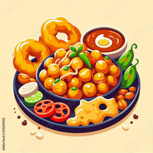 A vibrant illustration shows a dish with fried doughnuts curry and toppings all on a dark plate