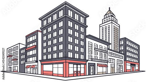 Illustration of a city street with various buildings including a skyscraper and storefronts, with a simple style