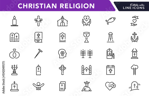 Christian religion linear icon set. Jesus, catholic, cross, spirituality, Christianity, church, bible, priest, Christmas, easter, prayer, baptism, outline vector icon set. UI thin line icon pack.