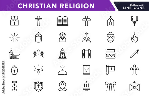 Christian religion linear icon set. Jesus, catholic, cross, spirituality, Christianity, church, bible, priest, Christmas, easter, prayer, baptism, outline vector icon set. UI thin line icon pack.
