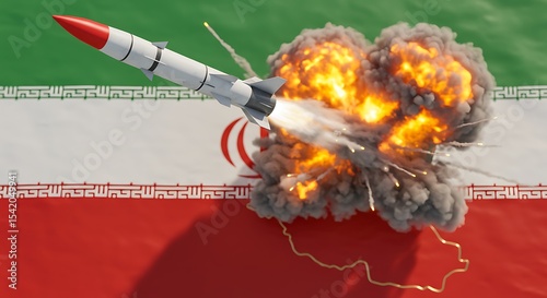 Iran missile launch test with explosion and flag background for news and military concepts design