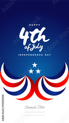 4th of July USA Happy Independence Day Social Media banner poster. Handwritten USA color shaped abstract eagle wings symbol typography calligraphy lettering with stars on blue white background