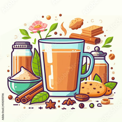 A vivid illustration displays a chai beverage alongside various ingredients and sweets