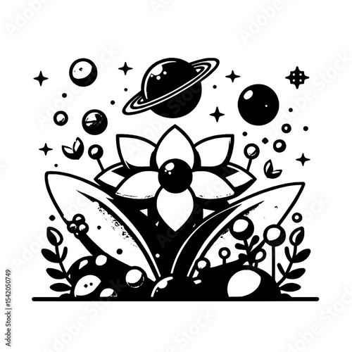 A whimsical blackandwhite cosmos of a flower planets and celestial orbs in a naturemeetsspace theme