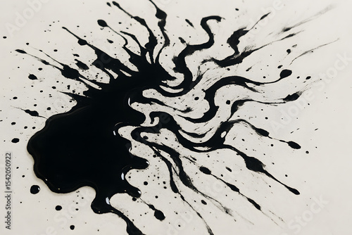 A violent black ink explosion on white paper symbolizes sudden emotional breakdown intense release or psychological crisis