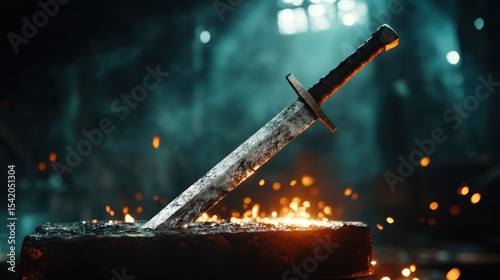 A beautifully forged sword rests on an anvil surrounded by glowing embers, showcasing craftsmanship and artistry, blending historical allure with the raw beauty of metalwork.