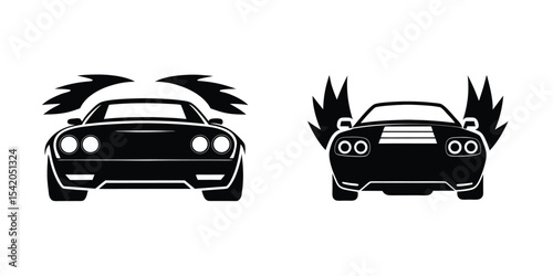 Low Profile Sports Car Rear View Blasting Off Flat Silhouette on White Background