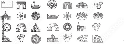 Authentic Maltese Culture and Mediterranean Symbols Outline Line Icons Set