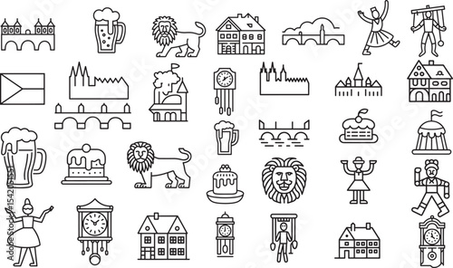 Charming Czech Republic Culture and Landmarks Outline Line Art Icons Set