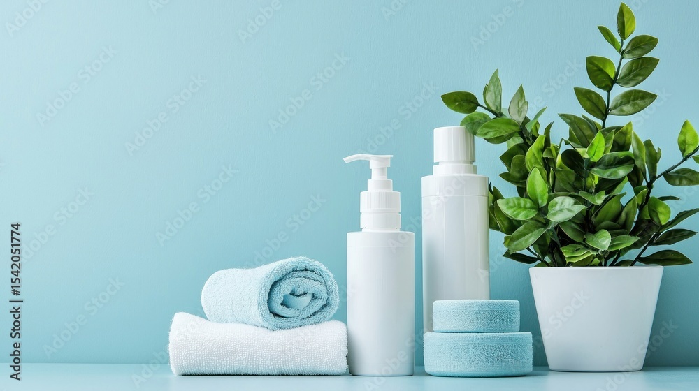 A blue and white bathroom scene with a plant, towels, and a bottle of shampoo. A blue and white bathroom scene with a plant, towels, and a bottle of shampoo.
