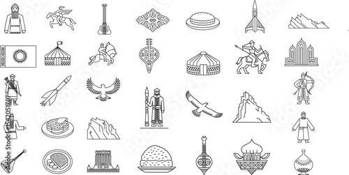 Authentic Kyrgyz Culture and Central Asian Heritage Outline Line Icons Set