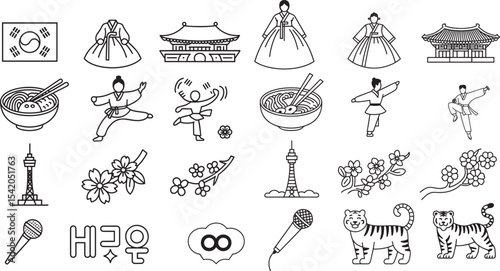 Vibrant South Korean Culture and Modern Landmarks Outline Line Icons Set