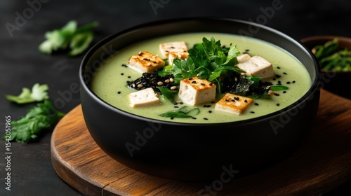 This vibrant bowl of green soup showcases fresh ingredients like tofu and leafy greens, epitomizing a wholesome and nutritious meal ideal for health enthusiasts.