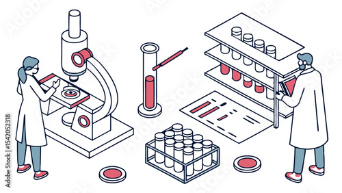 Isometric illustration of scientists working in a lab with microscope and test tubes and other equipment