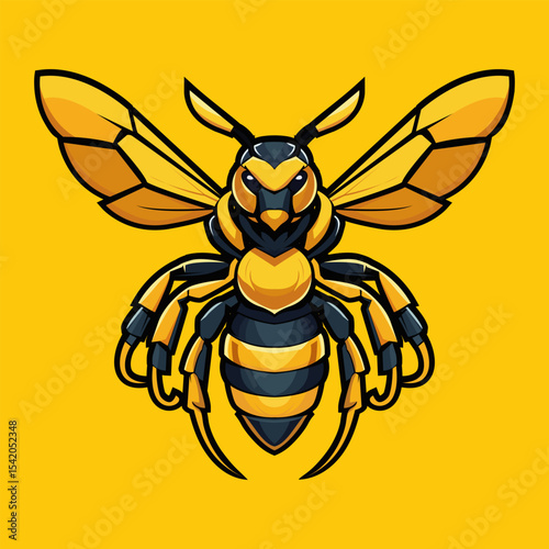 An aggressive cartoonish wasp logo in yellow and black set against a solid yellow background