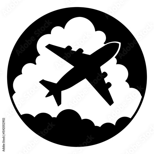 Airplane flying above clouds logo icon illustration for aviation travel and freedom art