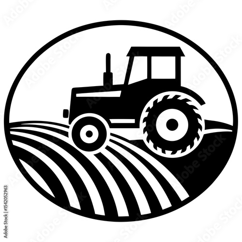 Tractor in field logo icon illustration for farming agriculture and rural life concept