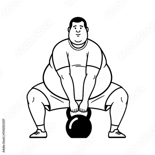 Overweight man lifting a kettlebell during gym training line art illustration