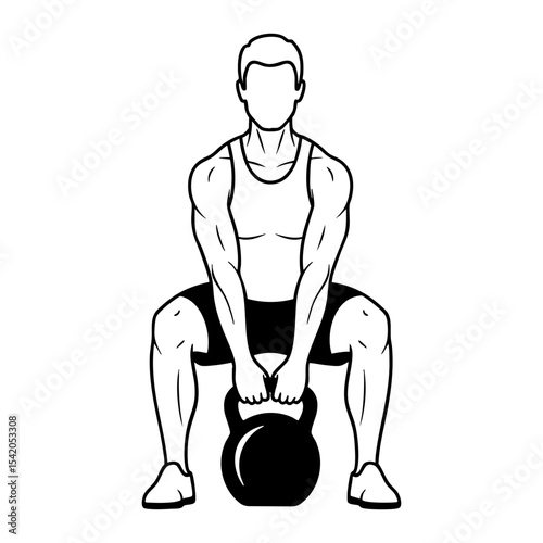 Man lifting a kettlebell  in gym training monochrome clip art illustration
