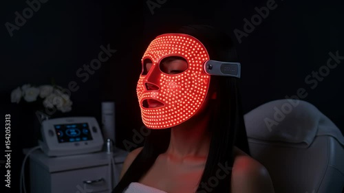 Woman with red light therapy mask on face. Led rejuvenate treatment and beauty procedure for skin aging in spa salon. footage.