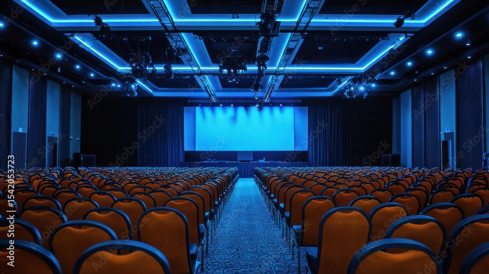 Fototapeta premium A spacious conference hall with rows of empty orange chairs and a blue screen in the center, illuminated by blue lighting.