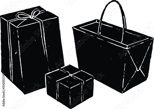 Three bag and gift box objects silhouette
