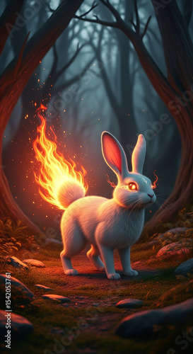 Fire Tailed Rabbit Mystical Creature of Flame and Forest