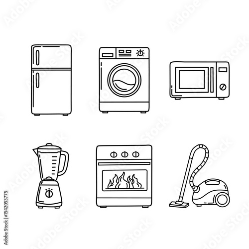 Set of six black and white household appliance icons in line art style, including refrigerator, washing machine, microwave, blender, oven, and vacuum cleaner