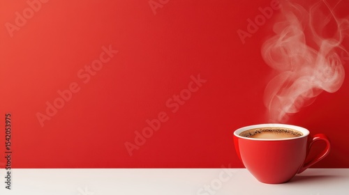An inviting red cup of freshly brewed coffee produces aromatic steam against a vibrant red backdrop, symbolizing warmth, comfort, and the energy of daily life.