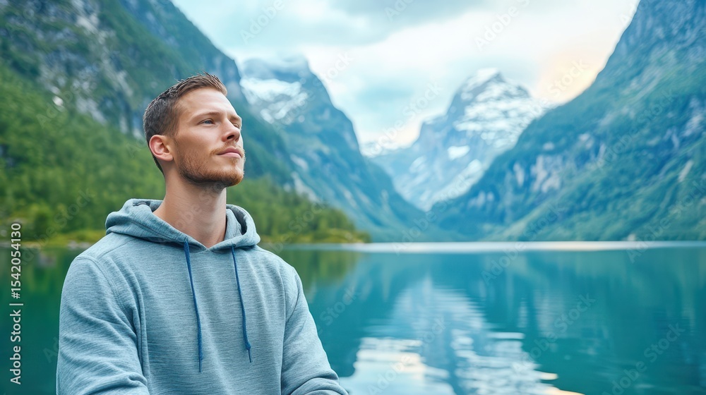 Fototapeta premium Serene Reflection by the Lake: A contemplative individual gazes up towards the scenic beauty of a serene lake surrounded by towering mountains.