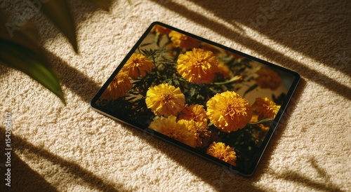 Tablet displaying yellow marigolds on organic carpet with light beige background, soft shadows, and sharp focus