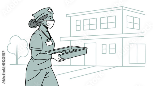 Nurse wearing mask and cap carrying tray with food in front of hospital building with tree outside