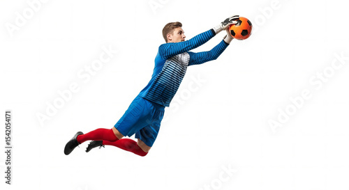 Goalkeeper in Action Leap Save Isolated on White background