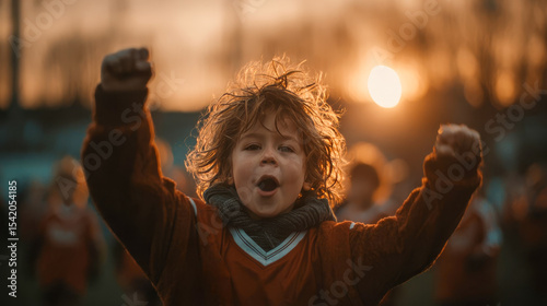 Boy footballer rejoices after scoring a goal during a football match on a football field