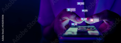 business woman using smartphone ,icons social media fly over showing people engagement connection through social network application platform,Concept viral video and social media marketing