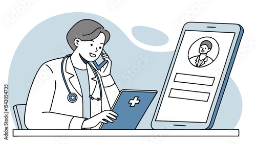 Illustration of a doctor talking on the phone while looking at a patient profile on a mobile device