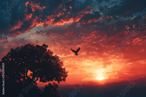 a bird flying in the sky at sunset