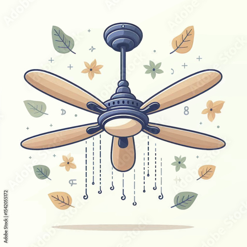 An illustration features a ceiling fan with 5 blades surrounded by leaves and flowers on a pale background