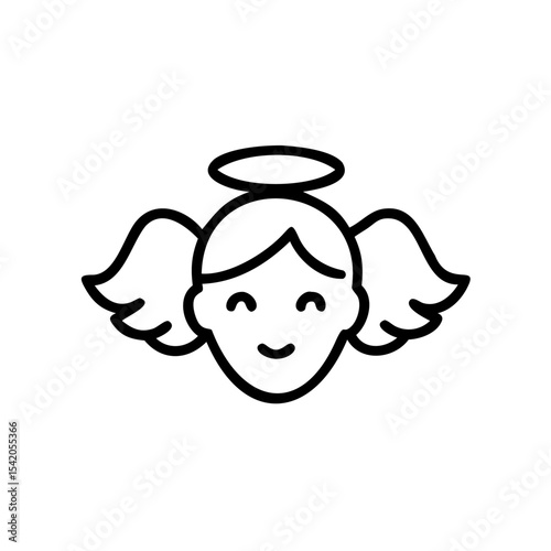 Black Line Art Smiling Angel Halo Wings Happy Face Cute Character Handmade Muertos Design Element