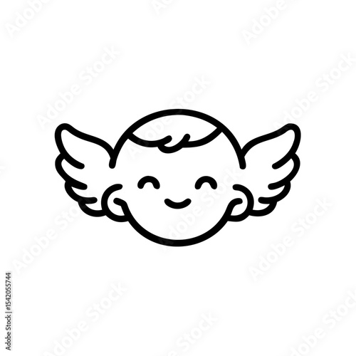 Smiling Cherubic Angel Baby Head with Wings Line Art Illustration Handmade Muertos Design Element