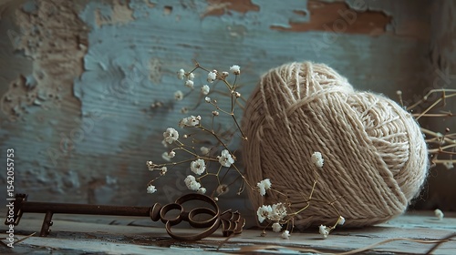 Heart-shaped ball of yarn and antique key with dried flowers.