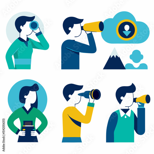 Person looking through binoculars isolated on white background, realistic illustration representing exploration, observation, travel, adventure, sightseeing, and outdoor discovery.