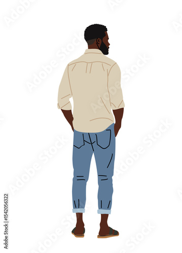 Vector illustration of African American man in casual clothes, viewed from behind. Wearing beige shirt, rolled-up jeans, and sandals. Isolated on transparent background. Stylish, relaxed look