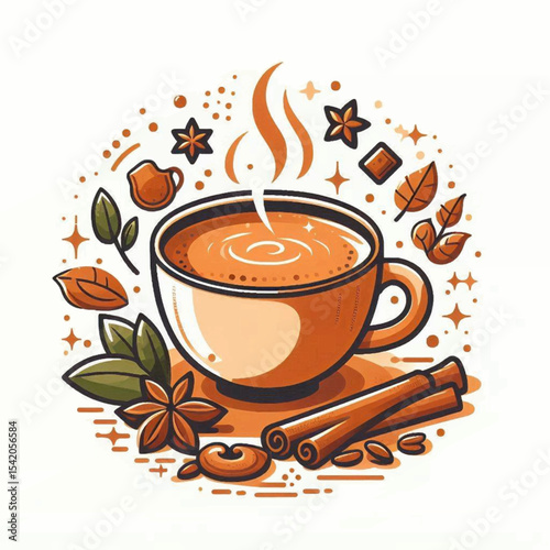 An illustration features a stylized cup of warm orange beverage with spice elements