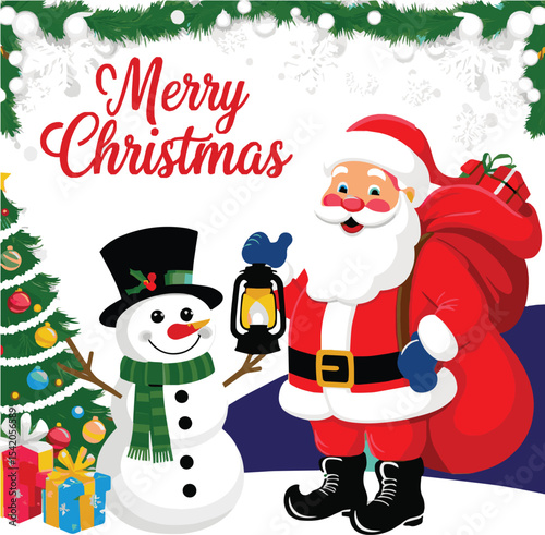 Merry christmas greeting card with santa claus and snowman