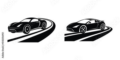 Modern Look at a Sculpted Sports Car Gliding Along Highway Silhouette on White Background